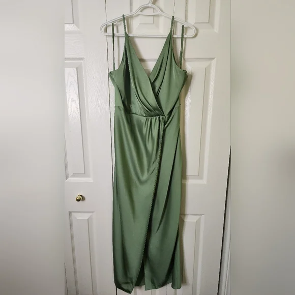 RW&Co NWT Satin Midi Cocktail Dress with Removable Flower Sash in Shale Green 12 - Picture 7 of 15